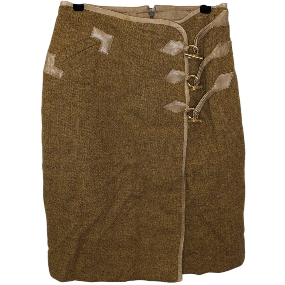 Vintage HERMES Goldenrod Tweed Skirt Decorative Brass Leather Detail Women FR40